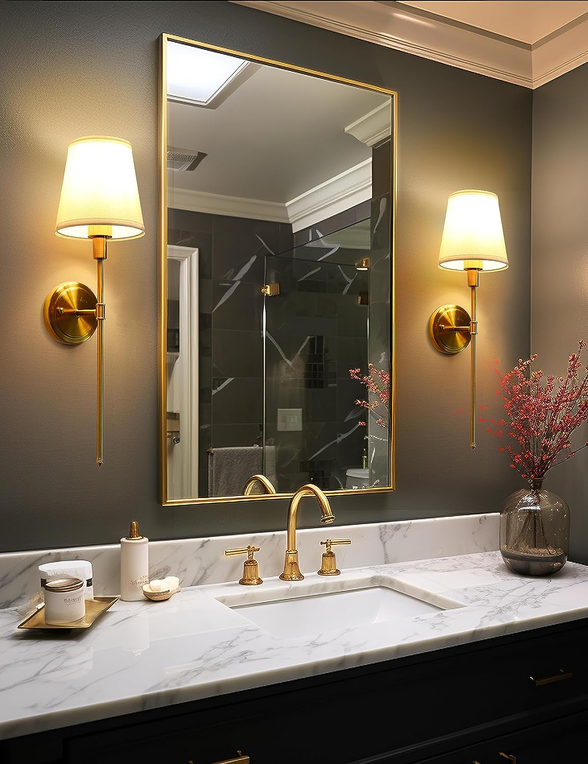DORESshop Wall Sconces Sets of 2,Hardwired Column Stand Sconces Wall Lighting,Classic Brushed Brass Wall Lamp with Fabric Shade,Wall Lamps for Living Room Bedroom Kitchen
