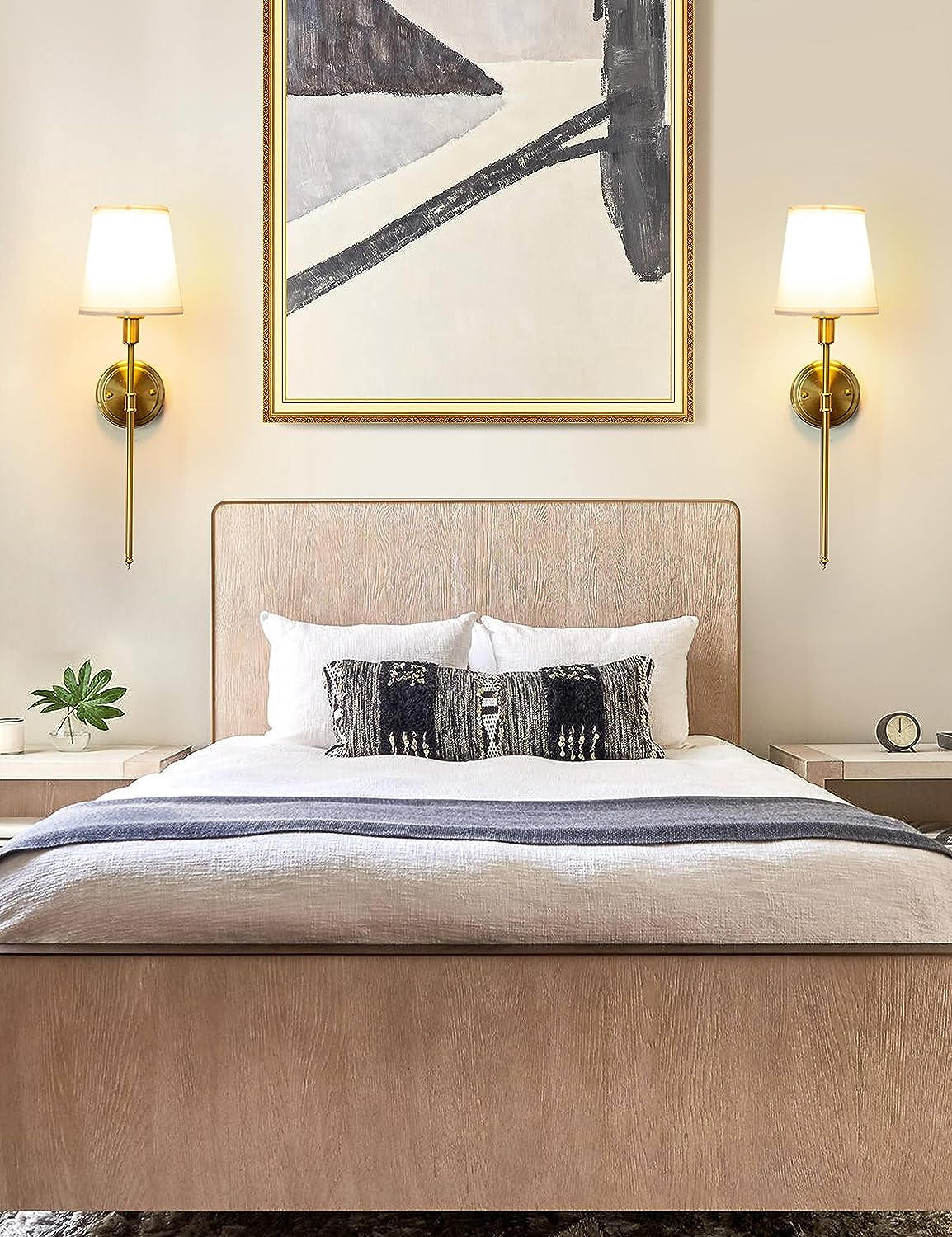 DORESshop Wall Sconces Sets of 2,Hardwired Column Stand Sconces Wall Lighting,Classic Brushed Brass Wall Lamp with Fabric Shade,Wall Lamps for Living Room Bedroom Kitchen
