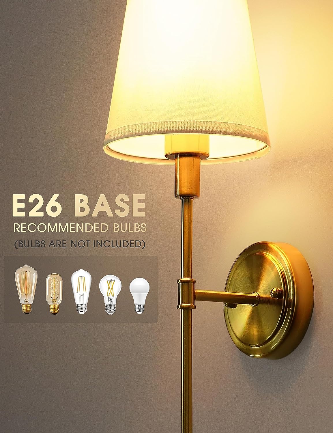 DORESshop Wall Sconces Sets of 2,Hardwired Column Stand Sconces Wall Lighting,Classic Brushed Brass Wall Lamp with Fabric Shade,Wall Lamps for Living Room Bedroom Kitchen