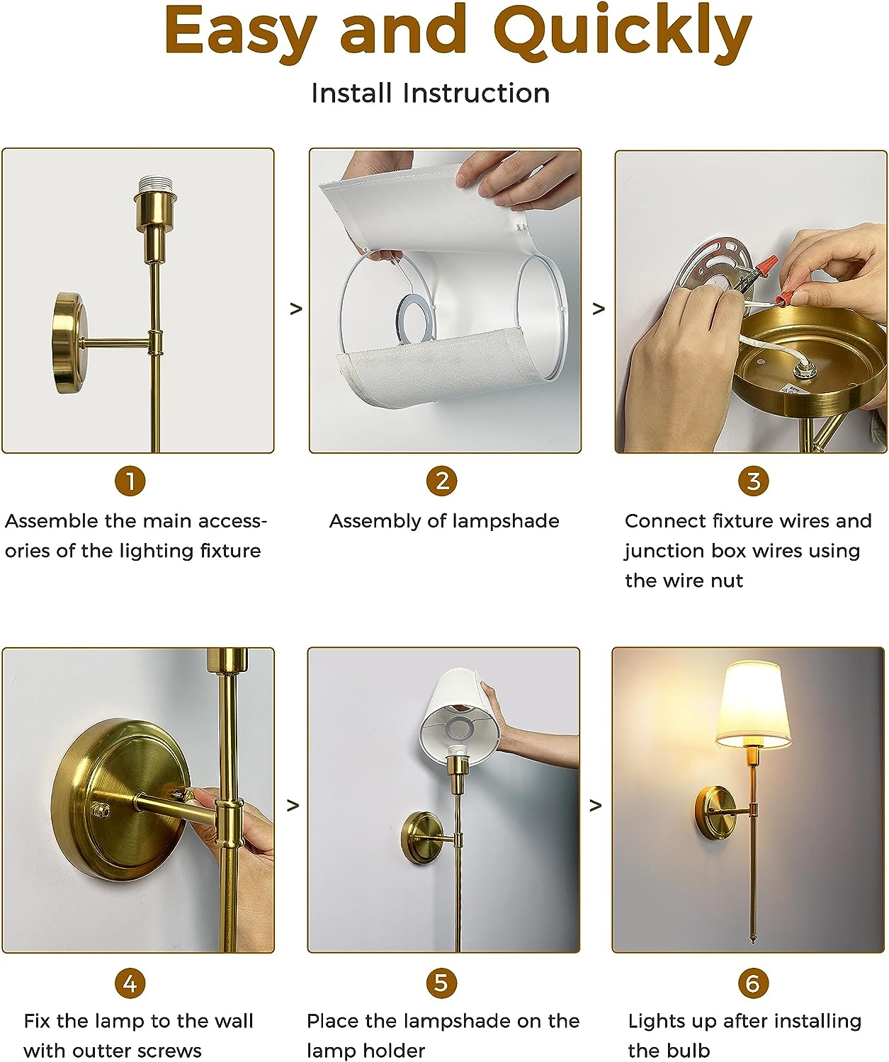 DORESshop Wall Sconces Sets of 2,Hardwired Column Stand Sconces Wall Lighting,Classic Brushed Brass Wall Lamp with Fabric Shade,Wall Lamps for Living Room Bedroom Kitchen