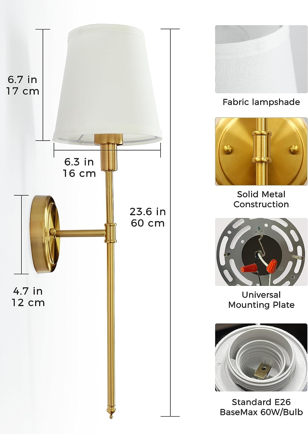 DORESshop Wall Sconces Sets of 2,Hardwired Column Stand Sconces Wall Lighting,Classic Brushed Brass Wall Lamp with Fabric Shade,Wall Lamps for Living Room Bedroom Kitchen