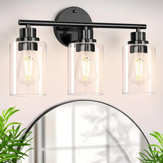 Bathroom Light Fixtures,3-Light Black Bathroom Lights Over Mirror with Clear Glass Shade,Vanity Lights for Bathroom Bedroom Living Room