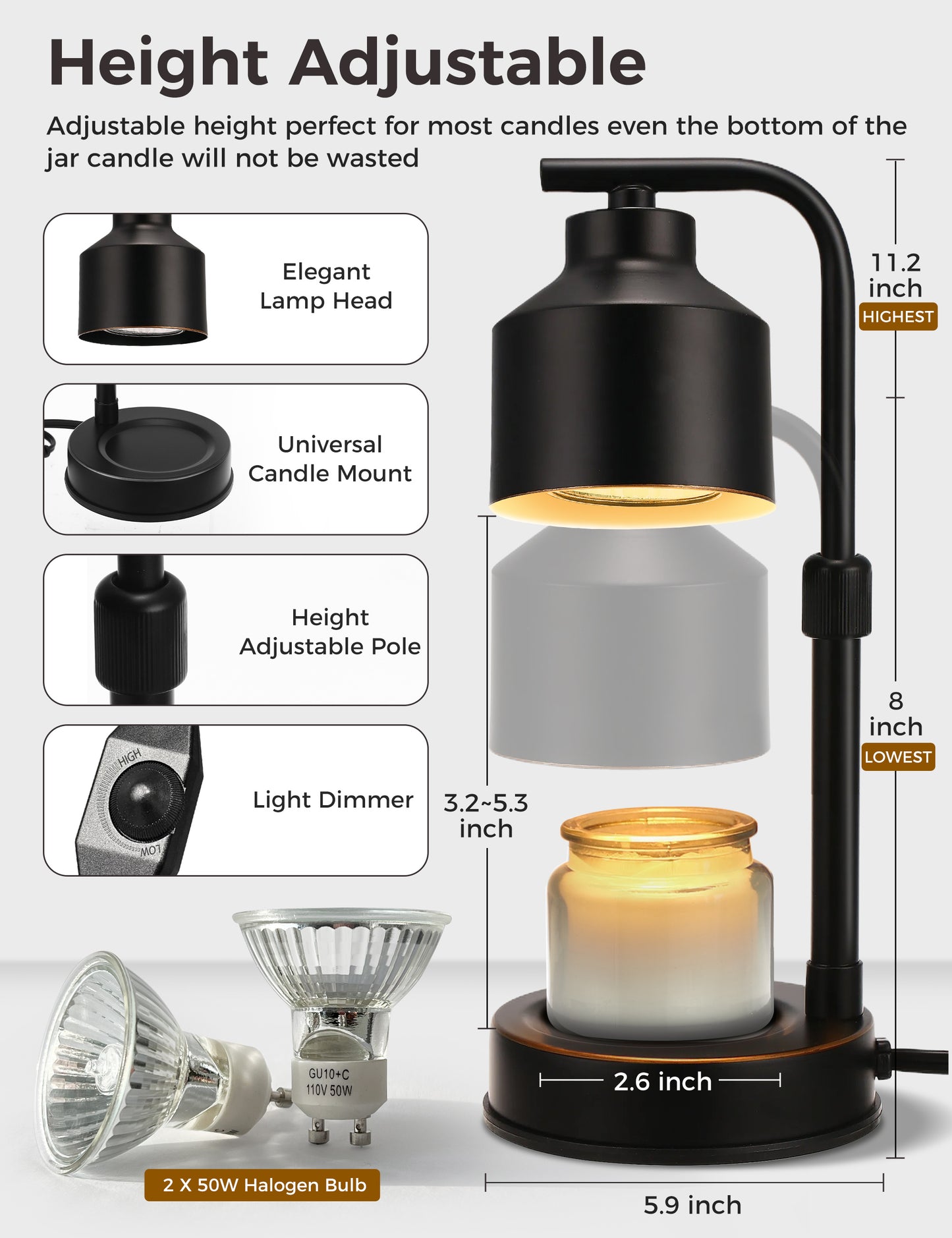 DORESshop Dimmable Candle Warmer Lamp, Electric Candle Lamp Warmer with Adjustable Height & Heat, Compatible with Jar Candles, Candle Warmer Lamps Scented Wax for Home Decor and Delicate Gift