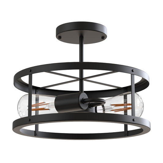 Farmhouse Semi Flush Mount Ceiling Light Fixture, 2-Light Industrial Metal Cage Ceiling Lamp, Vintage Close to Ceiling Lighting