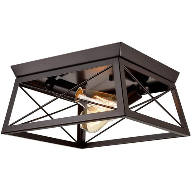 2 Light Flush Mount Ceiling Light Fixture,Retro Industrial Ceiling Light Fixture with Black Shade for Hallway, Entryway, Passway, Dining Room